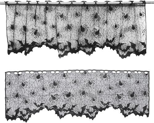 Miniatura 4 de VALICLUD 2 cortinas de encaje de Halloween para ventana, mantel de telaraña, diseño de murciélagos, cortina de puerta de encaje negro, pantalla de