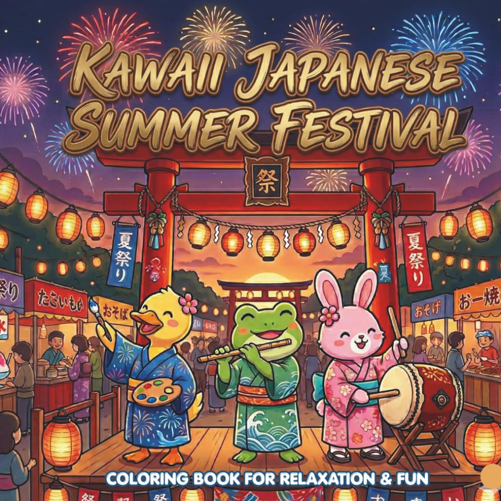 Kawaii Japanese Summer Festival: Cute Animal Friends, Matsuri Street Food, and Relaxing Scenes to Color (Kawaii Japanese Onsen)