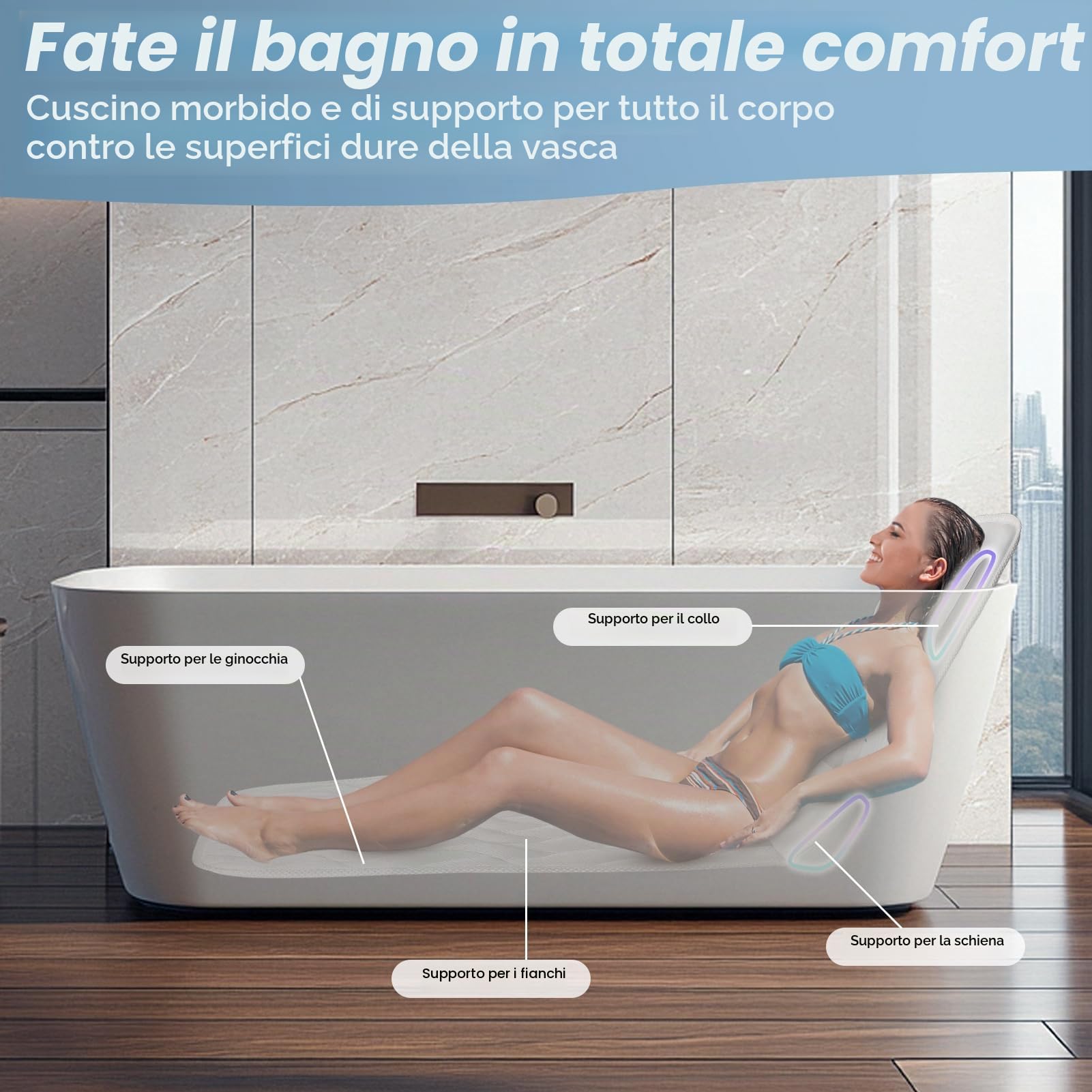 Cuscino Vasca da Bagno per Tutto il Corpo 123×40cm, Cuscino da Bagno con Ventose e Poggiatesta per Persone alte 160-180cm, Supporta Collo, Schiena e Gambe, Tessuto Traspirante in Rete 3D