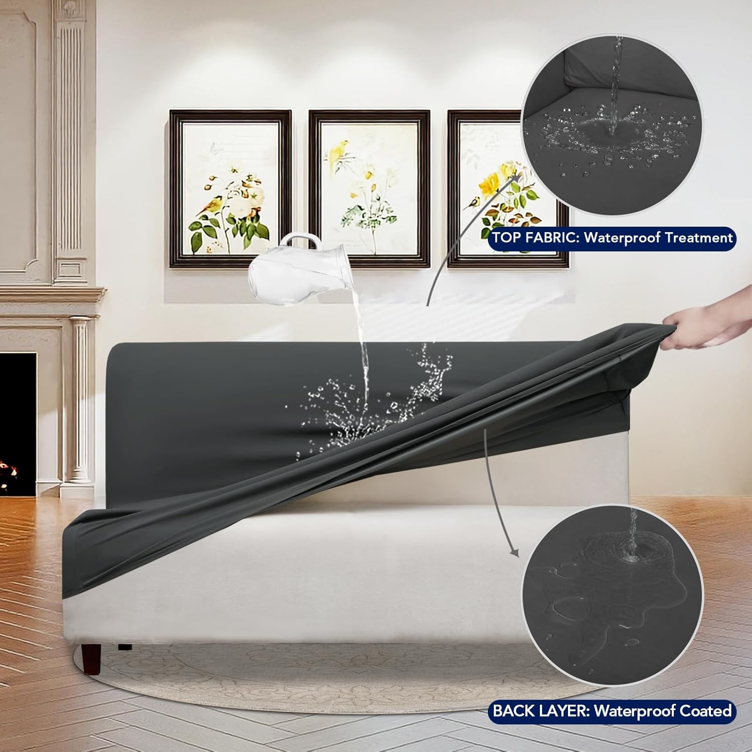 PureFit 100% Dual Waterproof Futon Cover - Stretch Non Slip Fleece Sofa Protector for Couch, Washable, Leakproof Furniture Cover for Kids, Pets, Dog (Dark Gray)