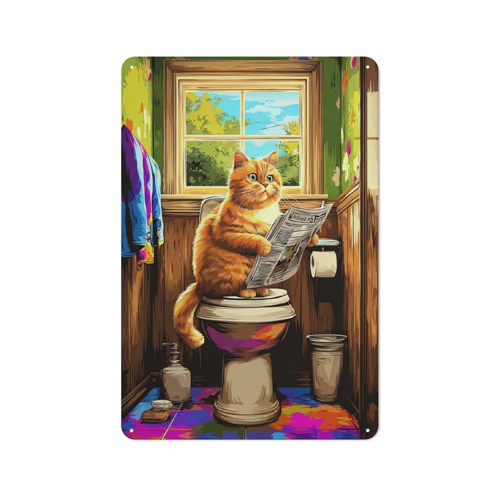Junmoney Cat On Toilet Reading Newspaper -5 Rustic Metal Sign 30X20cm For Café Or Restaurant, Suited To Café Owners And Decorators