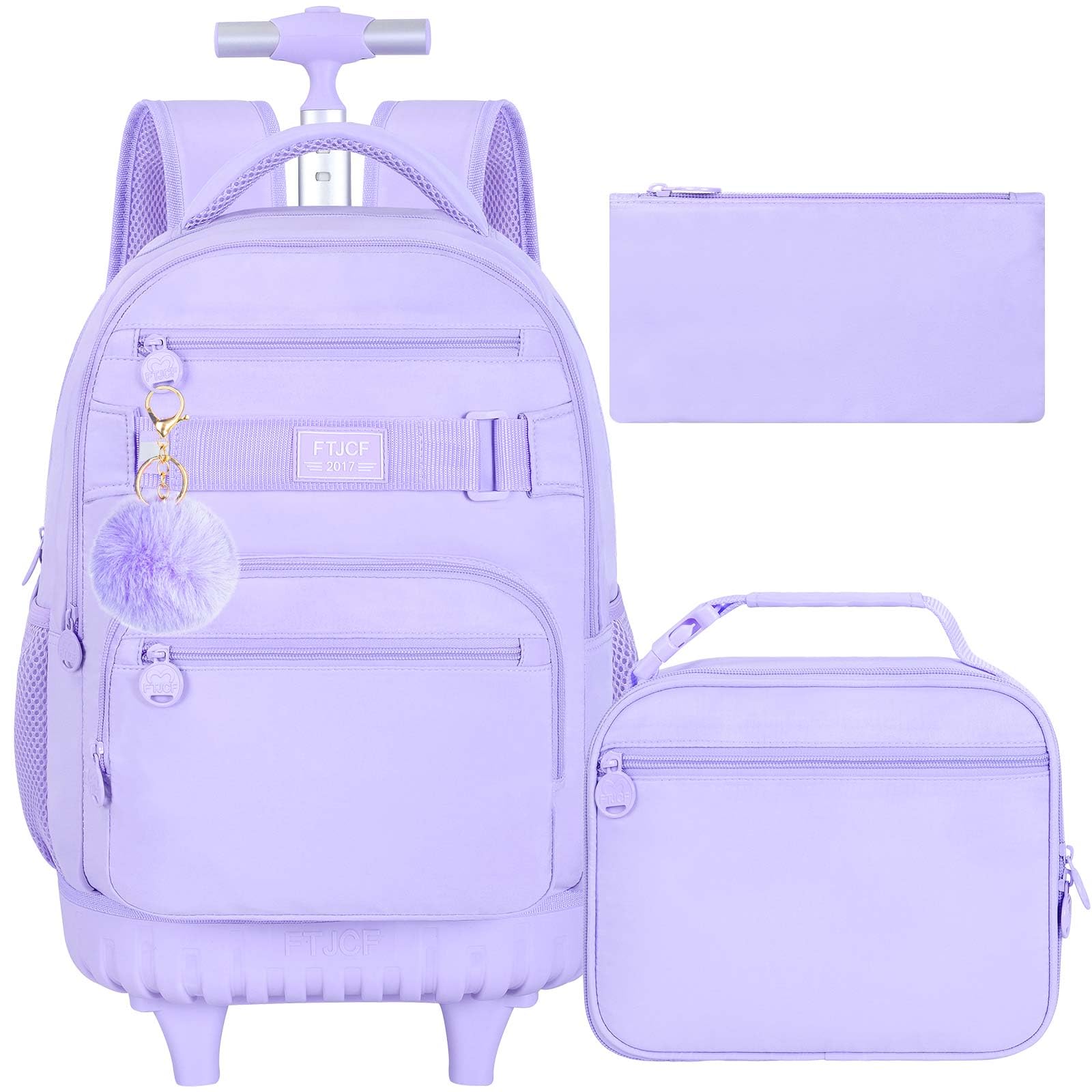 HPJGD 3PCS Rolling Backpack for Girls, Womens Purple School Backpacks with Wheels, Water Resistant Roller Kids Wheeled Bookbag Set