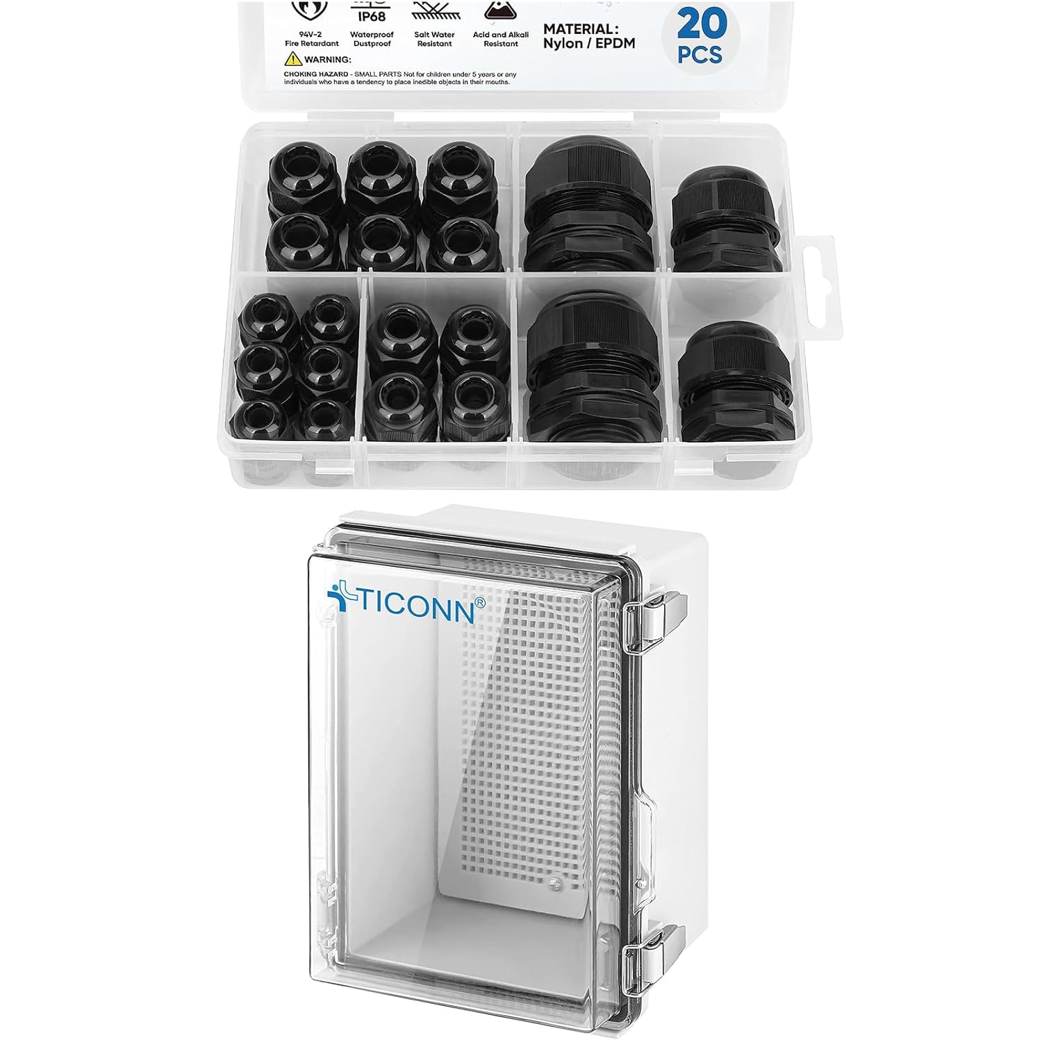 TICONN Waterproof Electrical Junction Box+20 Pieces IP68 Cable Gland Kit