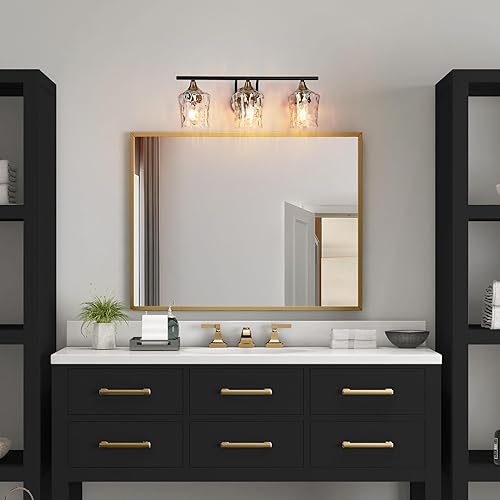 Miniatura 6 de KSANA Lámpara de tocador negra y latón, moderna lámpara de baño de oro negro con pantalla de vidrio texturizado de agua, iluminación de baño de 3