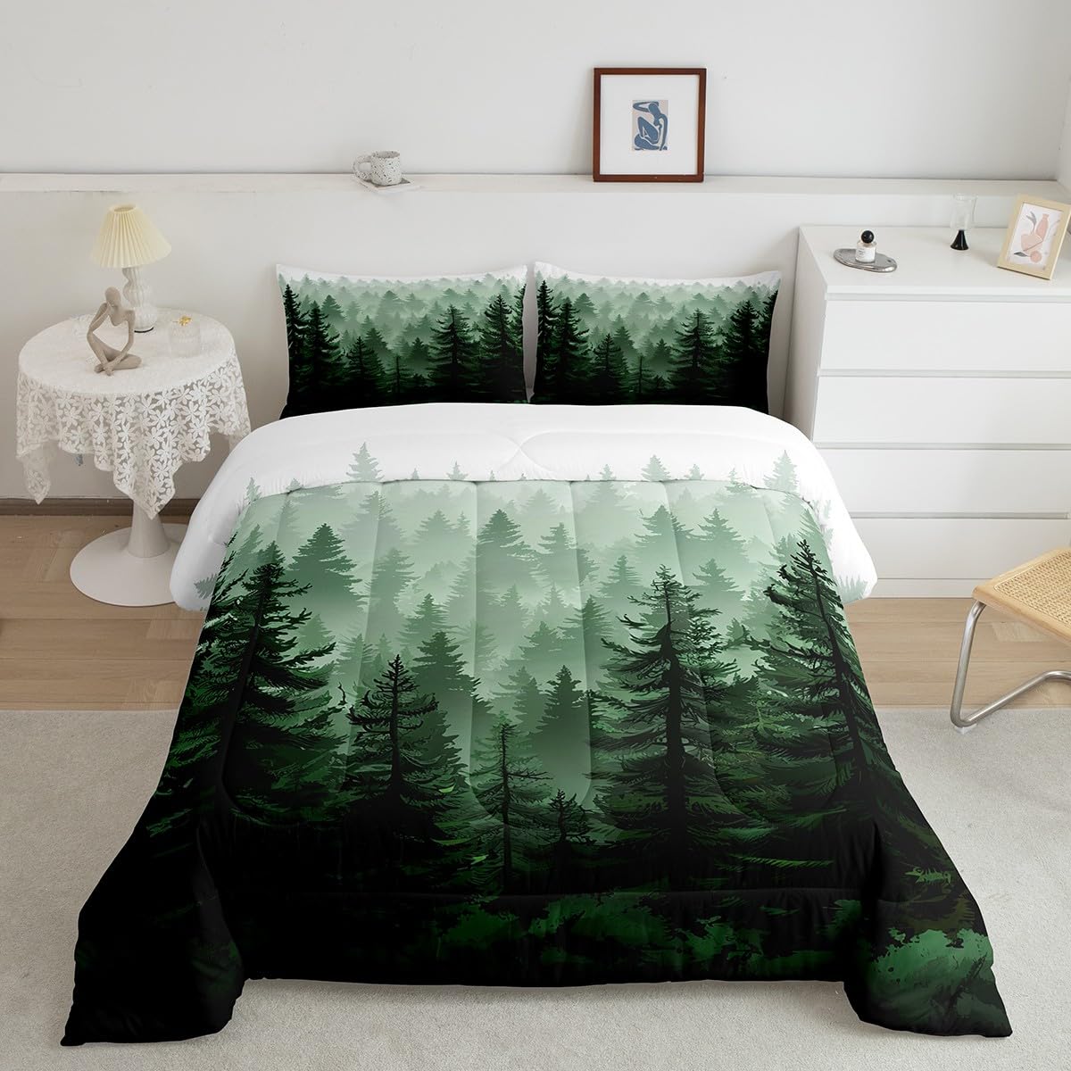 Feelyou Fog Forest Comforter Botanical Pine Trees Comforter Set for Boys Girls Children Watercolor Style Green Comforter Set Room Decor Twin Size