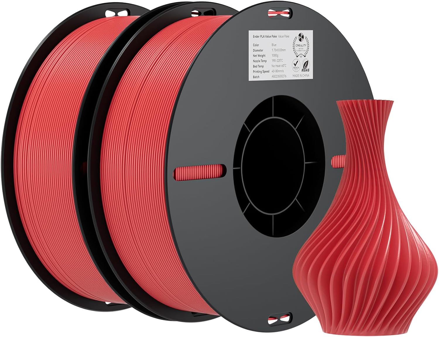 Creality PLA Filament 1.75mm Bundle 2KG, 3D Printer Filament Dimensional Accuracy +/- 0.02mm, No-Tangling Strong Bonding 3D Printing Filament, Fits for Most FDM 3D Printers (Red) Red & Red