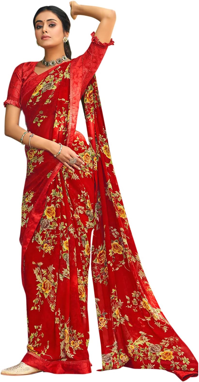 Women's Floral and Satin Border Printed Gerogette Saree with Unstitched Blouse