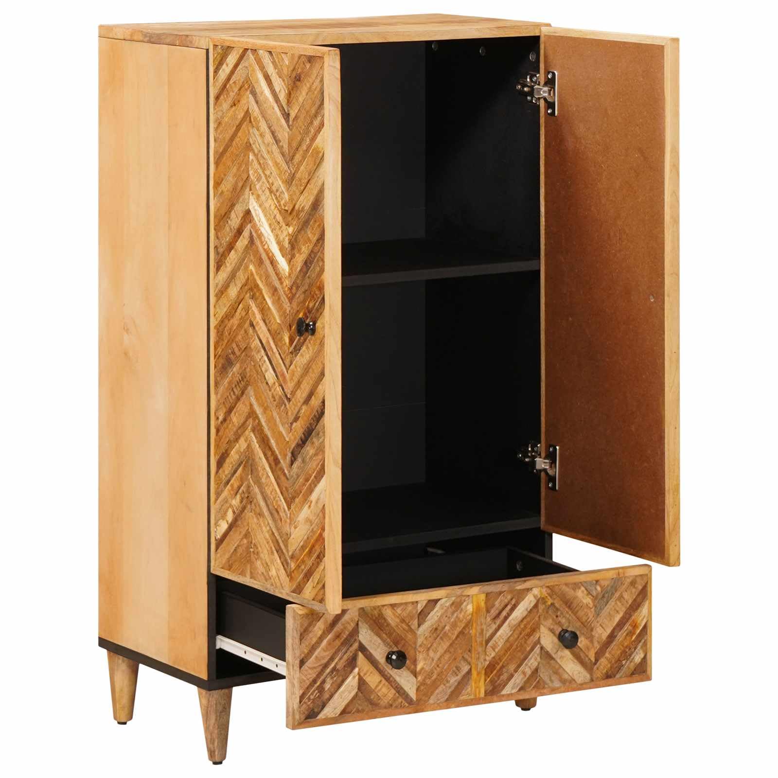 Highboard Braun 60 x 33,5 x 100 cm Armario multimedia de madera maciza de mango – Armario de almacenamiento flexible con 2 puertas y botones de latón, diseño moderno para el salón