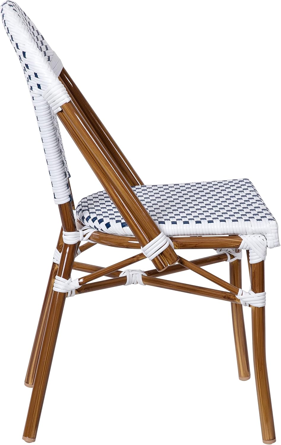 EMMA + OLIVER Colmar Bistro Chair - White & Navy Woven PE Seat and Back - Bamboo Finish Aluminum Frame - Set of Two