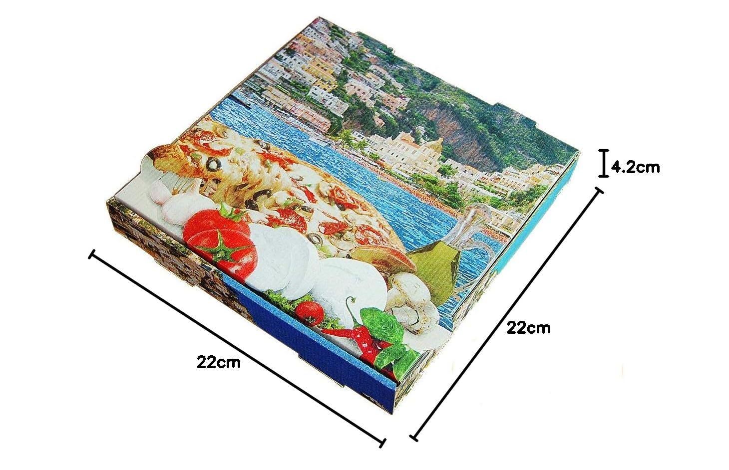 Pro DP 100 Pizzakartons Pizzaboxen Pizzaschachteln Pizzaverpackung 22x22x4,2cm Motiv Mittelmeerküste Kraft Positano NYC