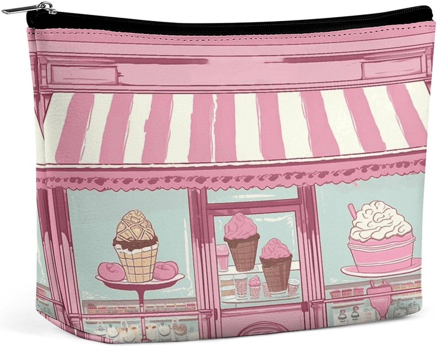 Large Capacity Pu Leather Cosmetic Bags for Women Travel Makeup Bag with Zipper Portable Waterproof Ice Cream Store Pink Toiletry Bags Fashion Coin Purse Elegant Cosmetic Pouch
