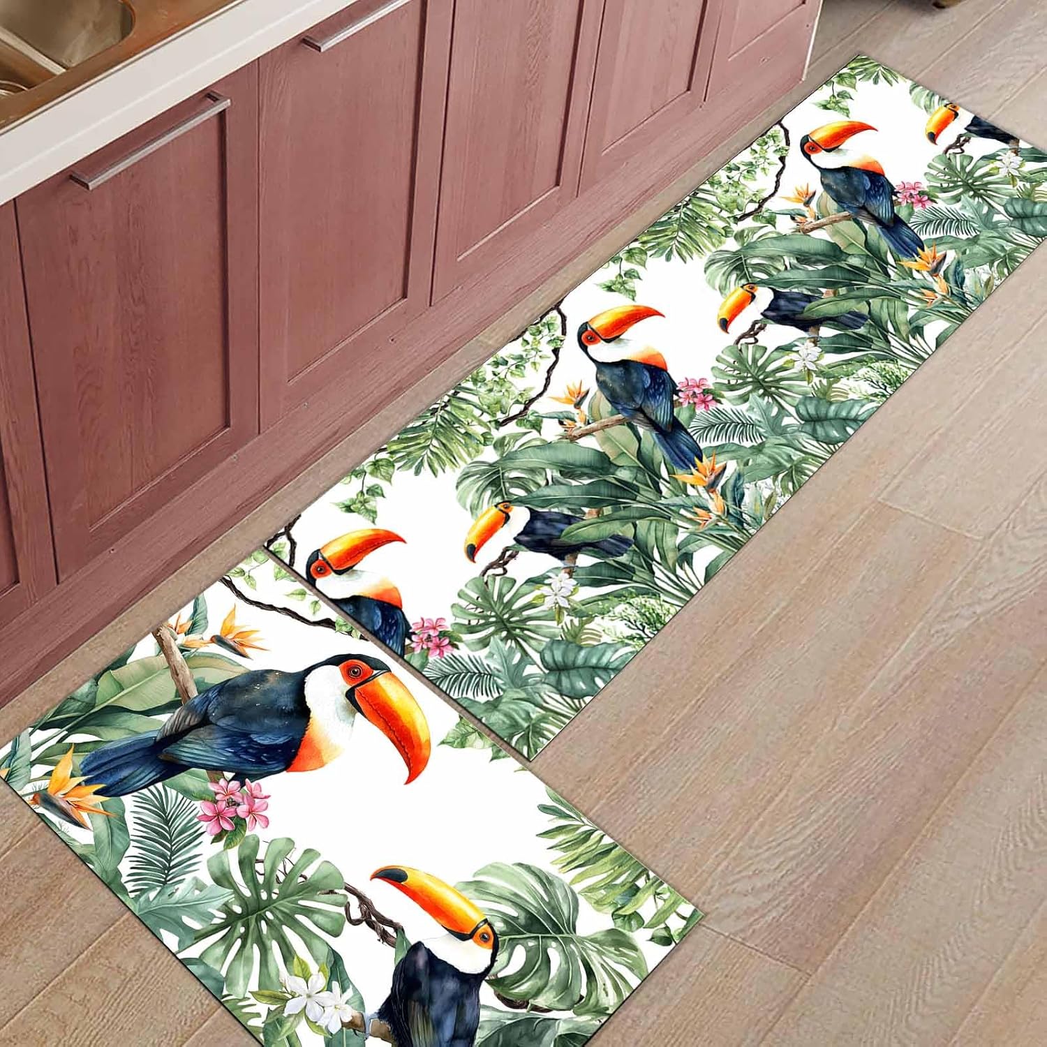 2 Pieces Kitchen Rugs and Mats,Summer Tropical Toucan Palm Leaf Area Runner Rug Set Non Slip Floor Doormat Washable Carpet Standing Mat for Kitchen Sink Indoor Corridor,Watercolor Idyllic Landscape