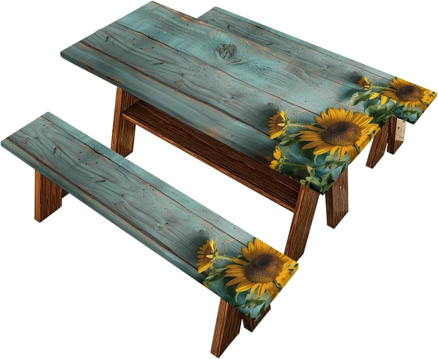 Sunflower Picnic Table and Bench Fitted Tablecloth Cover for Outdoor and Camping Woodblock Print Essentials Accessories with Elastic RV Camping Accessories and Camper Must Haves