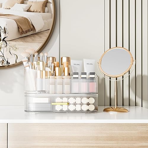 Miniatura 8 de Delamu Organizador de maquillaje para tocador con cajones apilables, soporte giratorio de 360 grados para brochas de maquillaje, estuche grande de