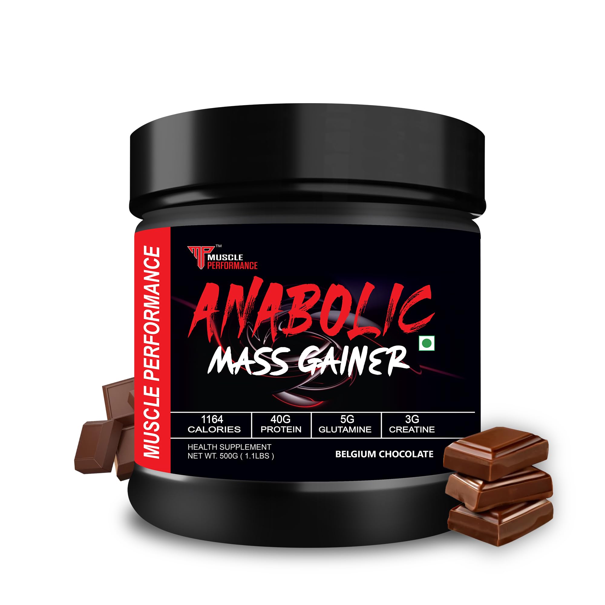 Muscle Performance Anabolic Mass Gainer, 500g, Belgium Chocolate | High Protein Carbs, With Creatine, BCAA & Glutamine, Digestive Enzymes, For Muscle Gain & Fast Growth