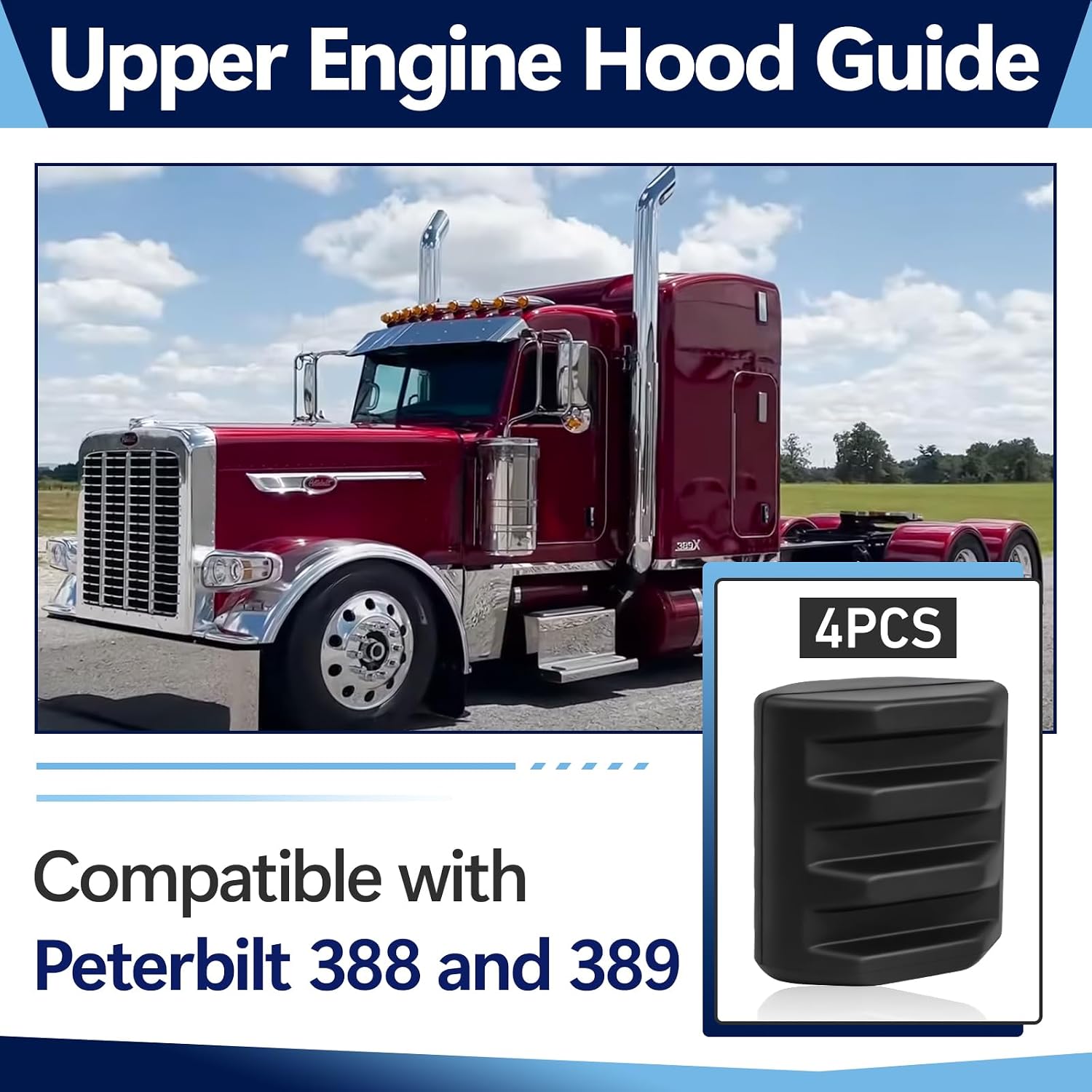 4Pcs Upper Engine Hood Guide Compatible with Peterbilt 388 389, Upper Engine Hood Guide Support Rubber Bushing, Left and Right Universal