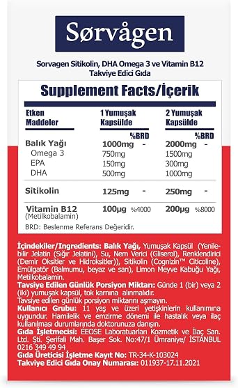 Sorvagen-Smart Sitikolin, Dha Omega 3 Norveç Balık Yağı Ve B12 (30 Kapsül)