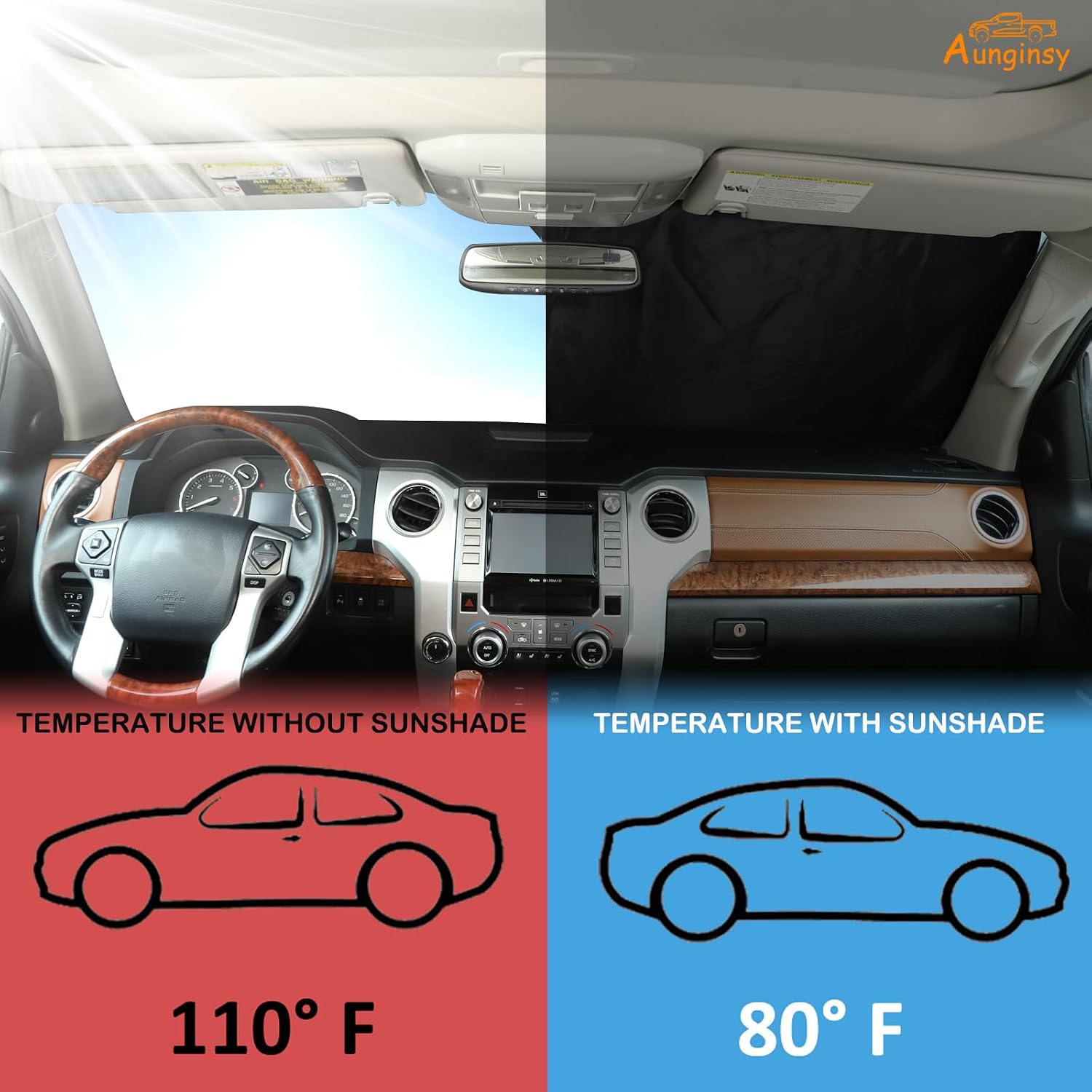 Aunginsy Front Windshield Sunshade Compatible with Toyota Tundra 2007-2021 Truck Windshield Sunshades Foldable Reflective Sun Visor for UV Rays and Sun Heat Protection Car Cool Interior Accessories