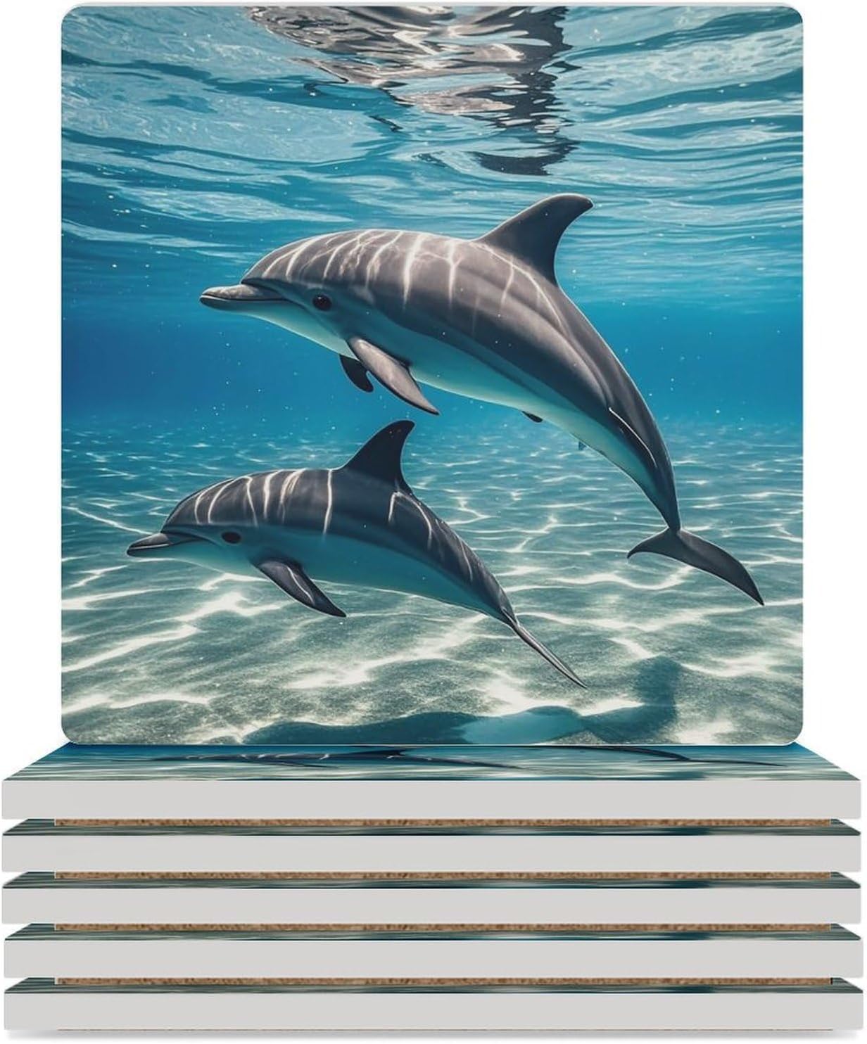 Dolphins Underwater Coasters Absorbent Ceramic Coasters for Drinks Coaster with Cork Backing for Table Protection Square Drink Cup Mat Modern Style Coaster for Coffee Table