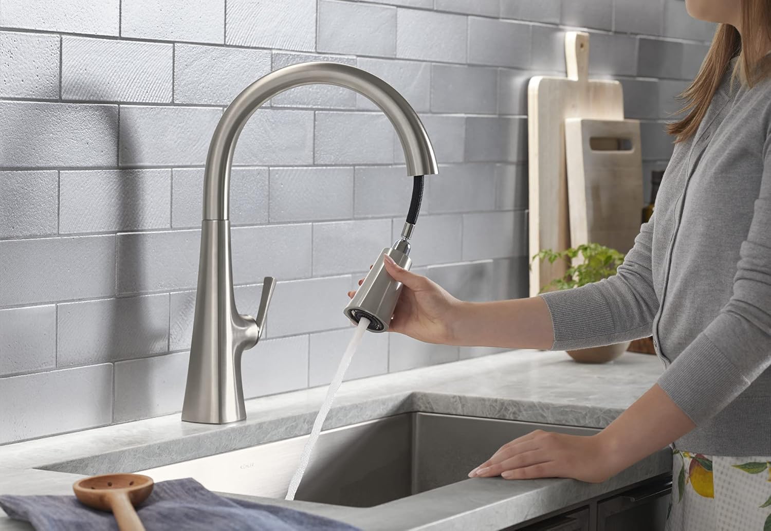 KOHLER 22062-VS Graze Pull-Down Kitchen Sink Faucet with Three-Function Sprayhead, Kitchen Faucet with Pull-Down Sprayer, Vibrant Stainless