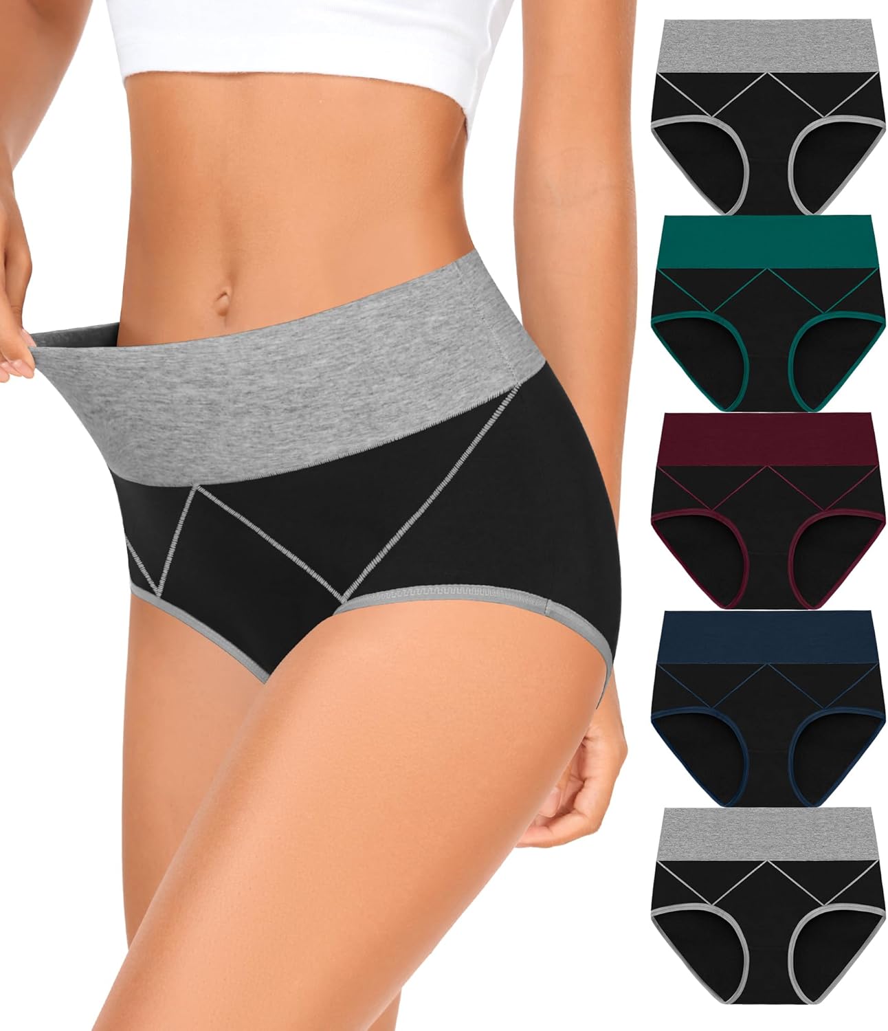 MISSWHO Womens High Waisted Cotton Underwear Full Coverage Soft Double-Layer Waistedband Panties (Regular & Plus Size)