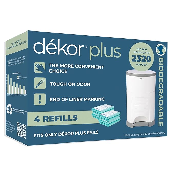 Dekor Plus Diaper Pail Biodegradable Refills | Most Economical Refill System | Quick and Simple to Replace | No Preset Bag Size - Use Only What You Need | Exclusive End-of-Liner Marking | 4 Count