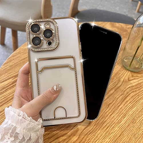 Miniatura 4 de MZELQ Funda tipo cartera chapada para iPhone 14 Pro, tarjetero con diamantes con purpurina brillante, protección para cámara, funda de lujo + 2