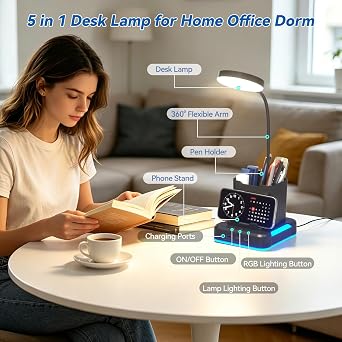KDD 5 in 1 Desk Lamp with Charging Ports, 9 RGB Modes Gaming Table Light | Pen & Phone Holder, 360Adjustable Gooseneck Desktop Lights, Dimmable Table Lamp for Home Office College Dorm Room
