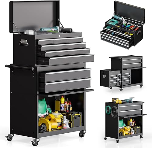 Miniatura 11 de Cofre de herramientas de 5 cajones, armario de almacenamiento de herramientas rodante con caja de herramientas superior desmontable, embalaje Rojo