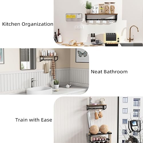 Miniatura 5 de Perchero de pared, estante de pared de madera con ganchos, colgador de pared con 4 ganchos de metal, organizador de perchero montado en la pared