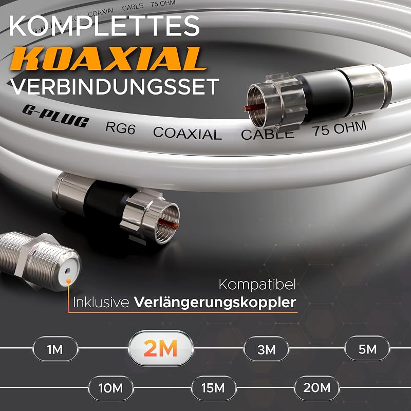 G-PLUG RG6 koaxiális kábel csatlakozó szett 2m - műholdas és antennakábel hosszabbító
