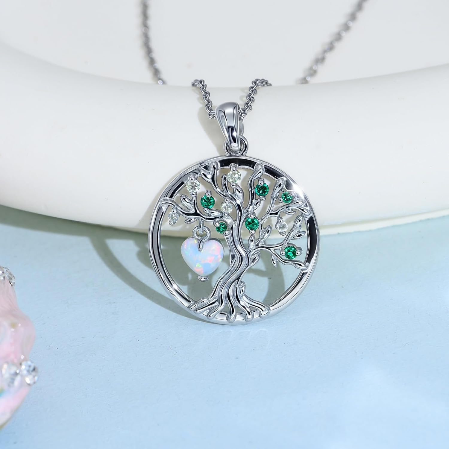 E Tree of Life Necklace 925 Sterling Silver Created Opal Pendant Necklace, Anniversary Birthday Christmas Jewelry Gifts for Mom Wife Women Her - Image 2