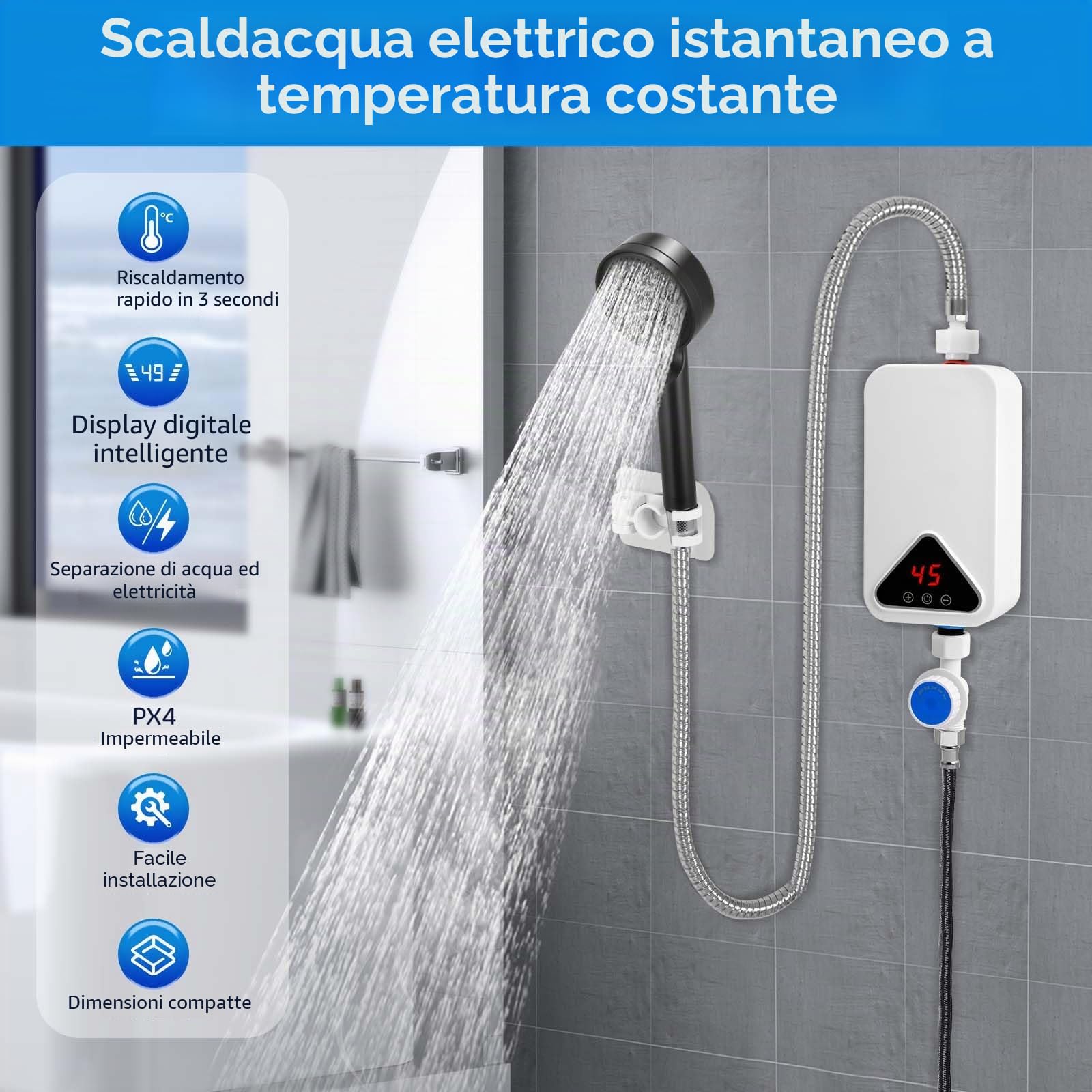 Scaldabagno Elettronico Istantaneo, 220 V 5500 W Mini Scaldabagno Istantaneo, 30-55 °C, Temperatura Regolabile, Mini Scalda Acqua Elettrico Istantaneo con Display a LED per Cucina e Bagno (RYK-009)
