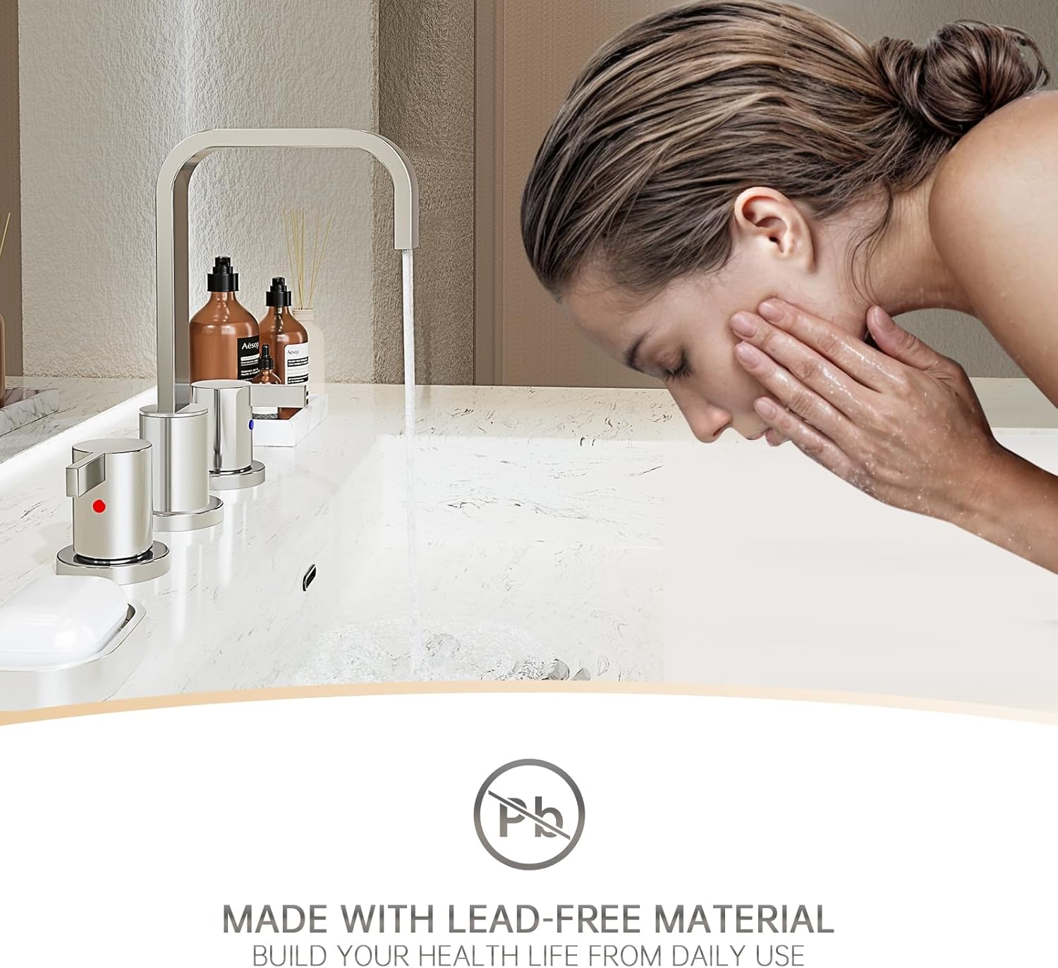 Phiestina Waterfall 8 Inch 3 Hole Widespread Bathroom Faucet, Chrome Modern Bathroom Sink Faucet with Metal Pop Up Drain and Water Supply Line, WF040B-1-C