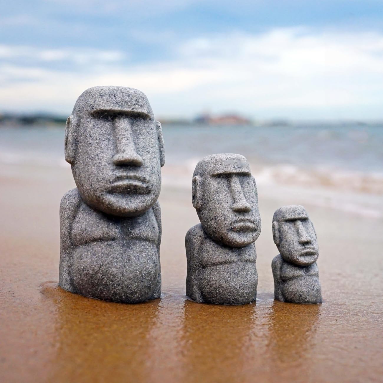 Moai Figuren 3er-Set, Sandstein-Harz Steinoptik – Aquarium & Tischdeko, Groß Mittel Klein (1x Steingrau + 1x Moosgrün)