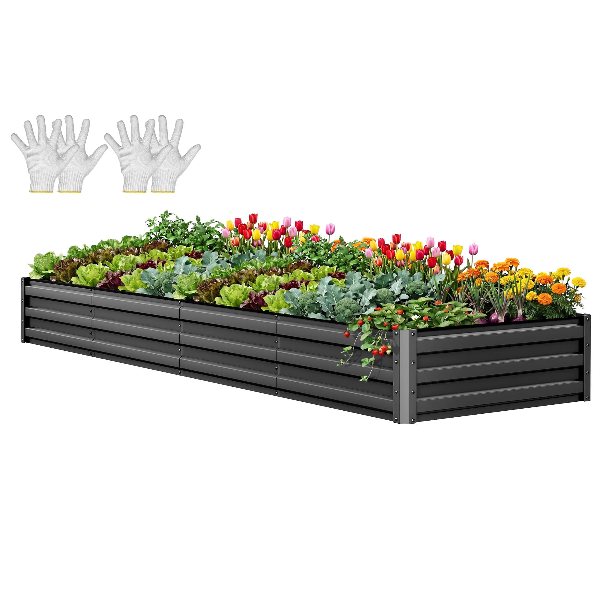 YITAHOME 12x4x1ft Large Raised Garden Bed Kit, Galvanized Metal Planter Box with Gloves, Ground Nails, Support Rod, Outdoor Above Ground Planters for Plants Vegetables Flowers, Black Black 12x4x1ft