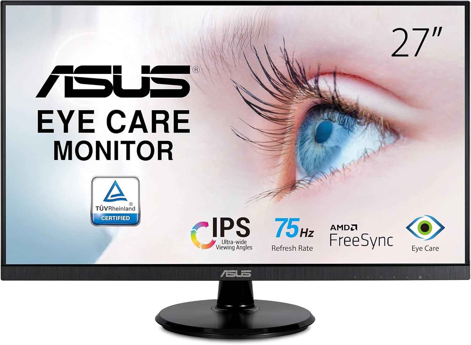 ASUS 27” 1080P Monitor (VA27DQ) - Full HD, IPS, 75Hz, Speakers, Adaptive-sync/FreeSync™, Low Blue Light, Flicker Free, VESA Mountable, Frameless, HDMI, VGA, DisplayPort, Tilt Adjustable, BLACK 27" IPS FHD 75Hz w/DisplayPort