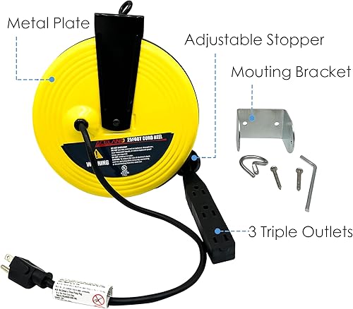 Miniatura 3 de Carrete de cable de extensión retráctil de 25 pies con 3 tomas eléctricas, cable de alimentación SJT de 16 AWG3C para uso en interiores y