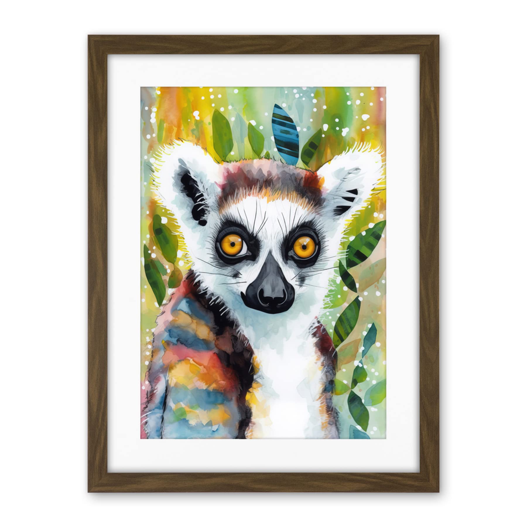 Artery8 Lemur Portrait Folk Art Watercolour Painting Artwork Framed Wall Art Print 18X24 Inch