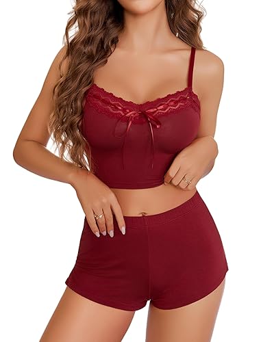 Avidlove Lingerie Sets For Women Sexy Sleepwear Lingerie Set Lace Trim Short PJ Set Soft Sleepwear Shorts 2 Piece S-XXL - Wine Red - Medium