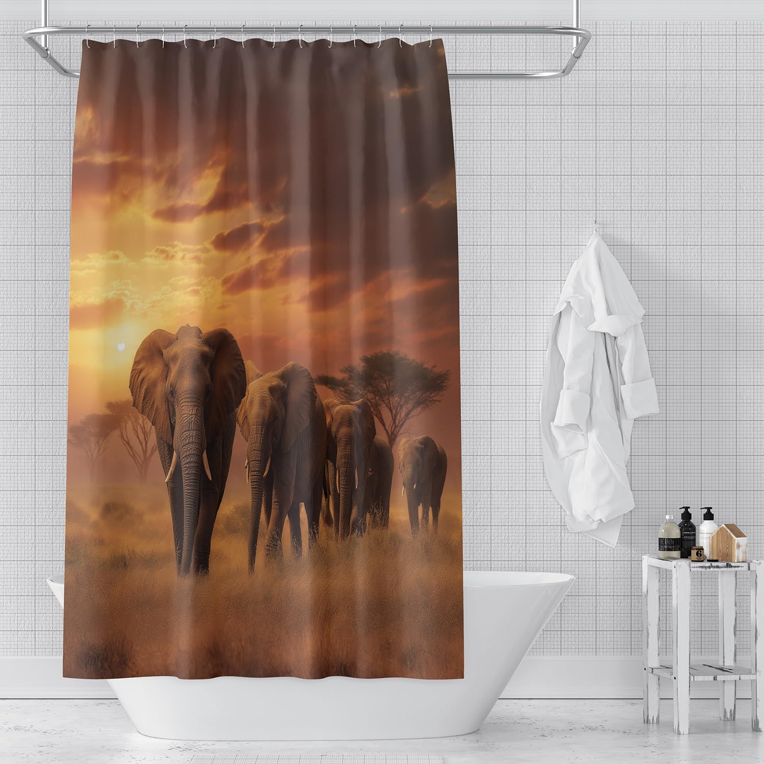 Elefanten-Duschvorhang 240x200, Elefanten Auf Der Wiese und Orangefarbener Sonnenuntergang, Badezimmervorhang mit Haken, Waschbarer Stoff für Nassraum Badezimmerdekor, B240 x H200 cm (1Er Pack)