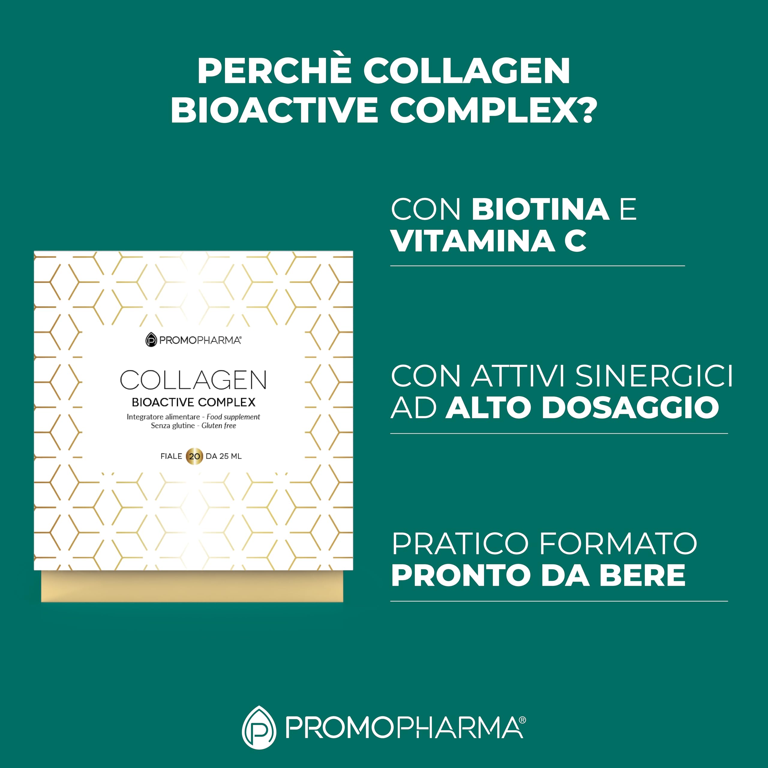 Collagen Bioactive Complex – Peptidi di Collagene Idrolizzato ad Alta Biodisponibilità con Vitamina C – Contribuisce a mantenere la Pelle Elastica – 20 fiale da 25 ml