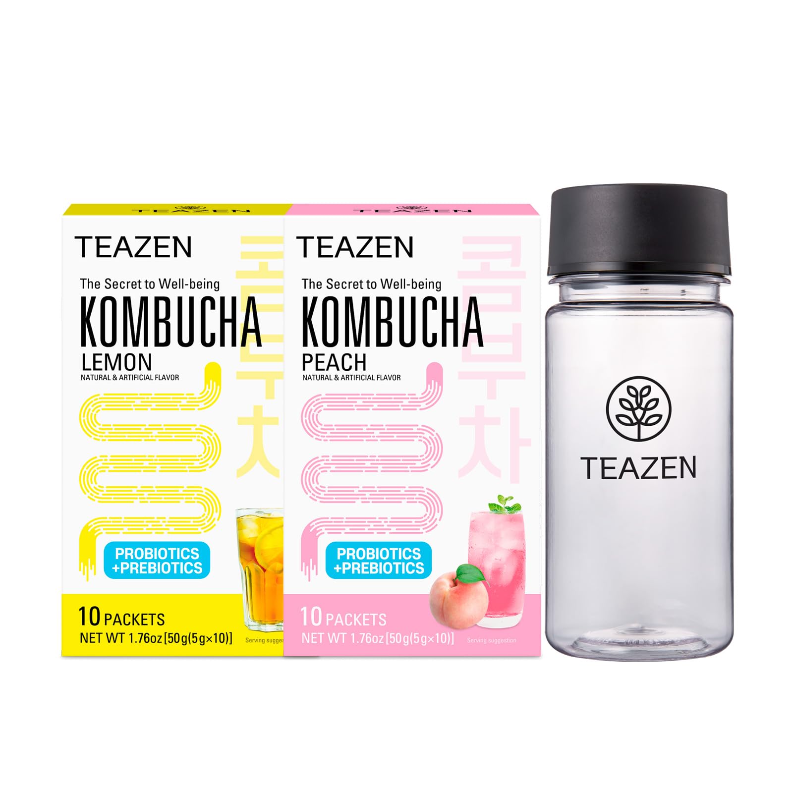 TEAZEN Kombucha Lemon, Peach Flavor 2 Pack with Classic Eco Bottle (Kombucha Powder 20 Sticks, Eco Bottle 1EA x 11.8oz)