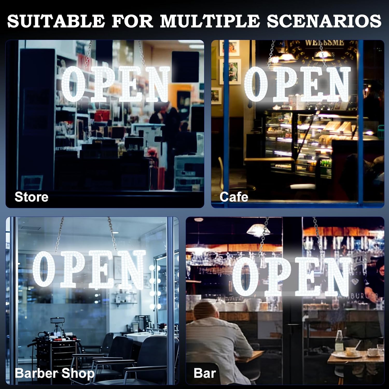 Open Sign for Business 30"x10" with Timer and Remote Control, 10 Flashing Modes and 10 Adjustable Brightness Levels Led Open Sign, for Store Restaurant Solon Cafe Bar and Retail, Cold White