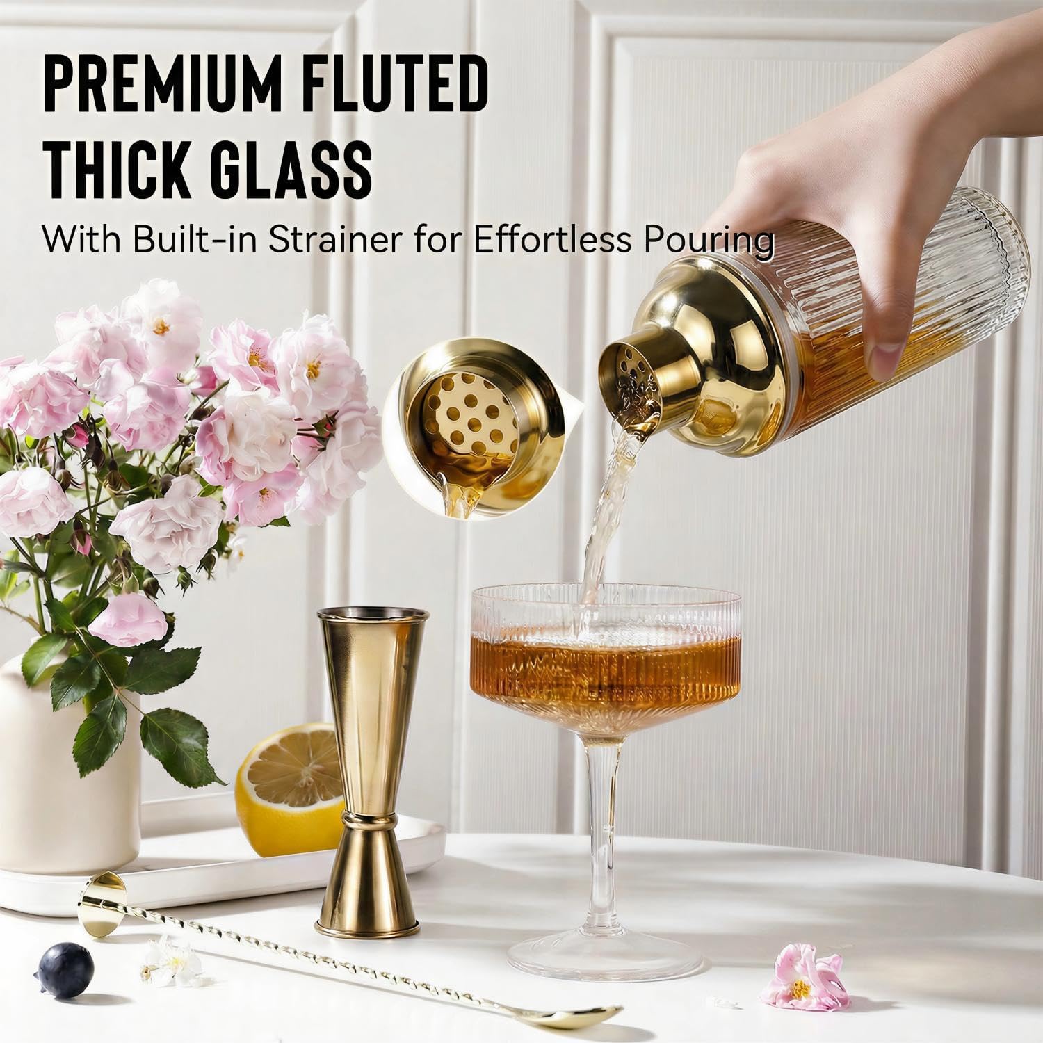 Glass Cocktail Shaker Set with Built-in Strainer – 16oz Ribbed Glass Shaker, Gold Jigger & Bar Spoon with Muddler, Bar Kit for Home Bar, Margaritas, Martinis, Gifts for Men & Women