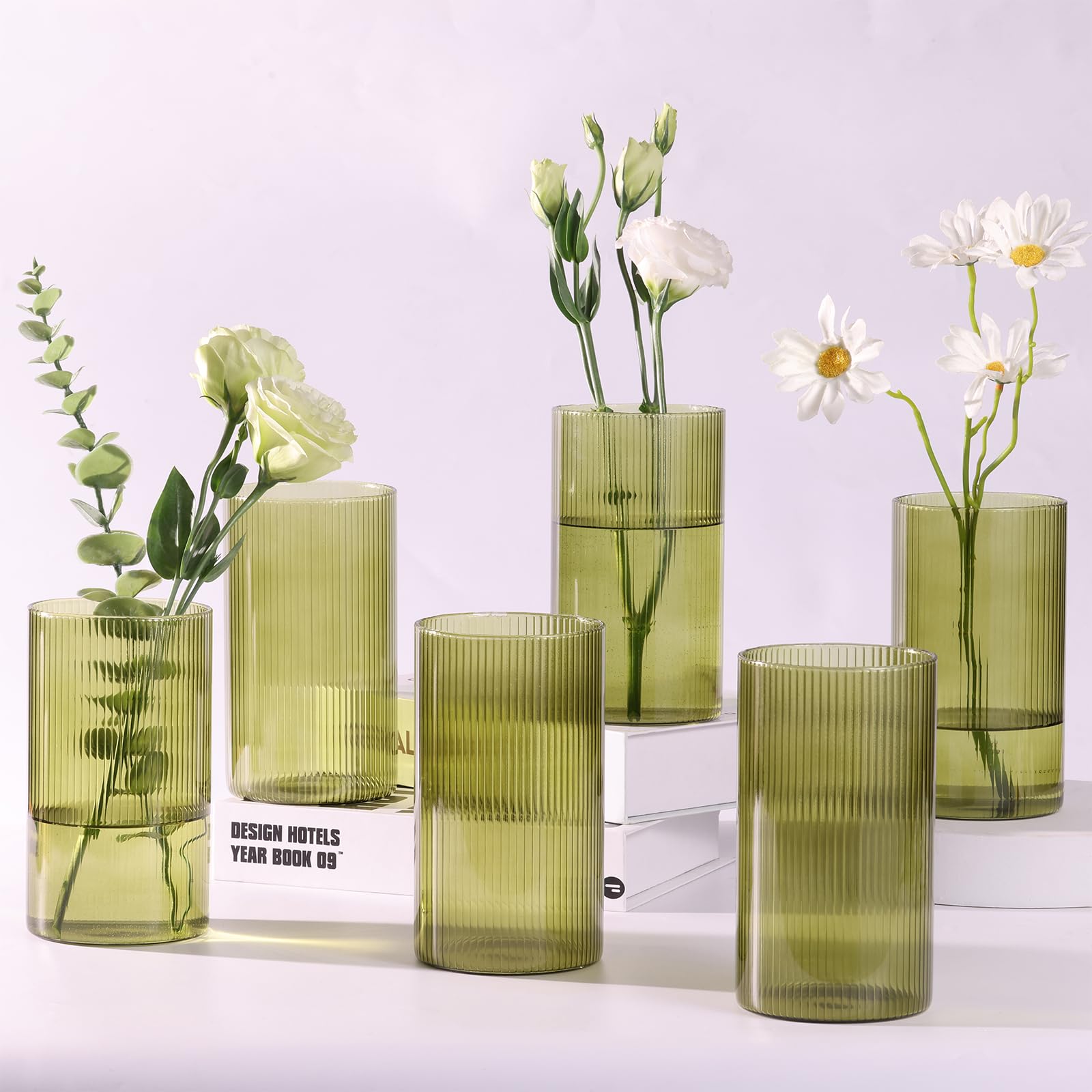 Photo 1 of Glass Cylinder Bud vases for Centerpieces, 6 Inches Clear Ribbed Glass Vases Bulk for Wedding Table Decor, Loral Vase Bulk Flower vases, Tall Hurricane Candle Holder for Table Shelf, Party (Green)