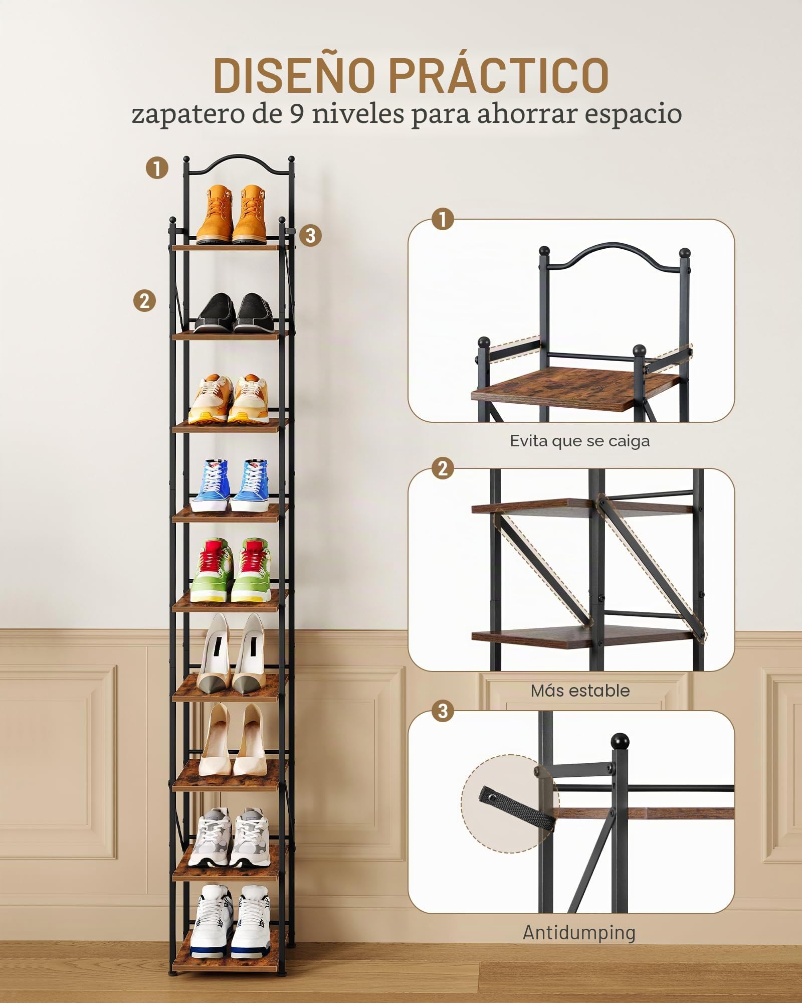 Hzuaneri Zapatero Vertical, 9 Niveles, 2 Modos Ajustables, Ahorra Espacio | Zapatero Estrecho, 26,5 x 27,5 x 185 cm, Zapatero Organizador para Entrada, Pasillo, Sala de Estar, Marrón Rústico, SR28901B
