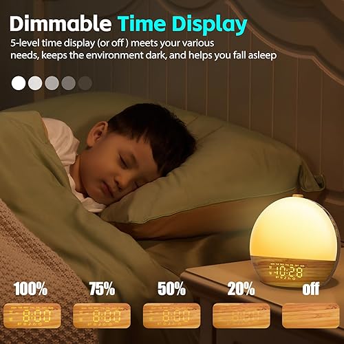 Miniatura 4 de Reloj despertador con sonido de grano de madera blanco con 25 sonidos relajantes, 17 luces nocturnas regulables, altavoz Bluetooth, despertador de
