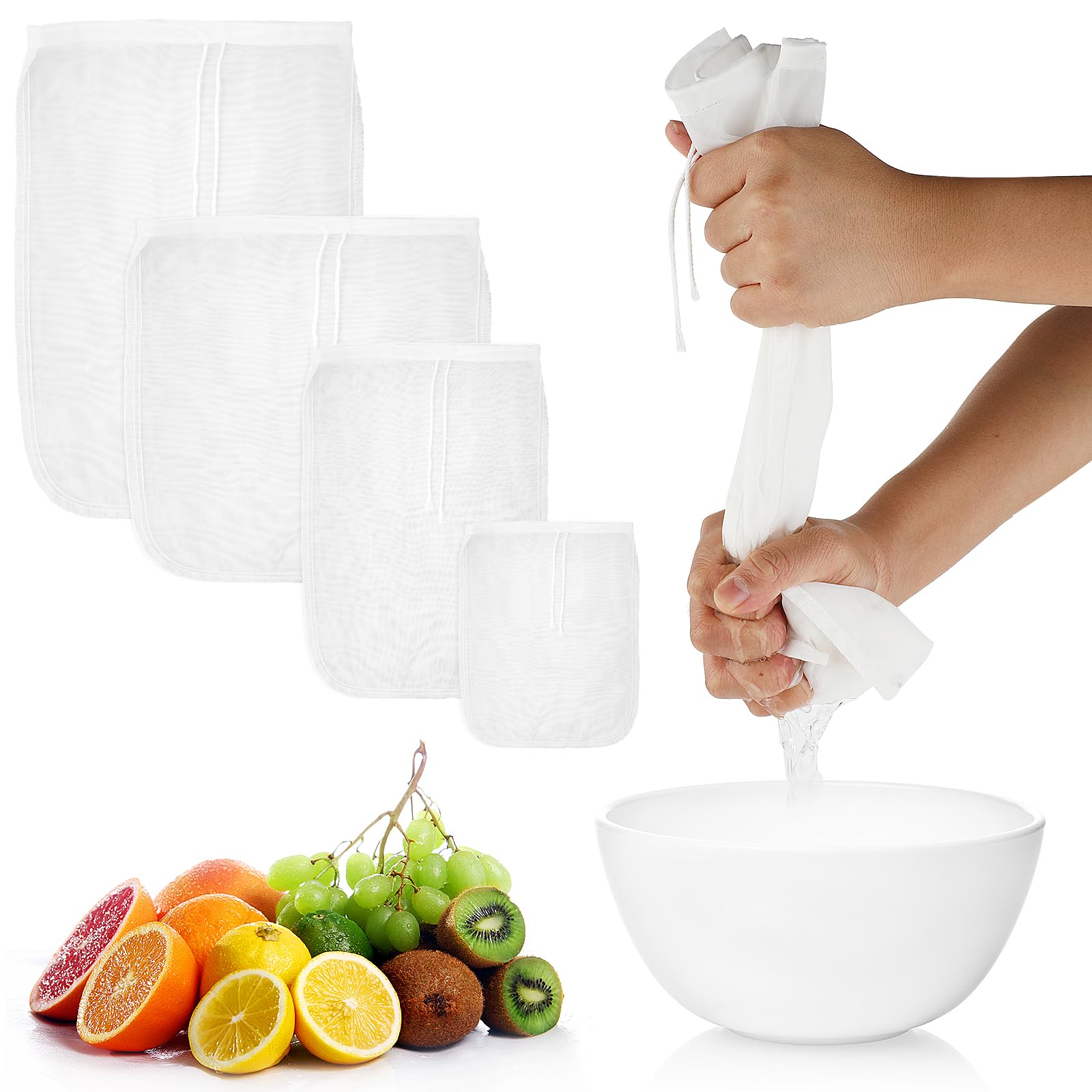 4 Stück Passiertuch Nussmilchbeutel, Wiederverwendbar Passiertücher Abseihtuch Mulltuch Küche Filterbeutel Cheese Cloth Mit Kordelzug Baumwolle Nussbeutel Für Käse Fruchtsaft Joghurt (Nylon, 4 Größen)