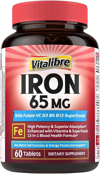 Vitalibre Iron Supplement for Women & Men, 65 mg, Ferrous Sulfate, Vitamin C, D3, B6, B12, Folate, Beet Root, Spinach, Pumpkin Seeds, Nettle, for Red Blood Cell & Energy Production, 60 Tablets